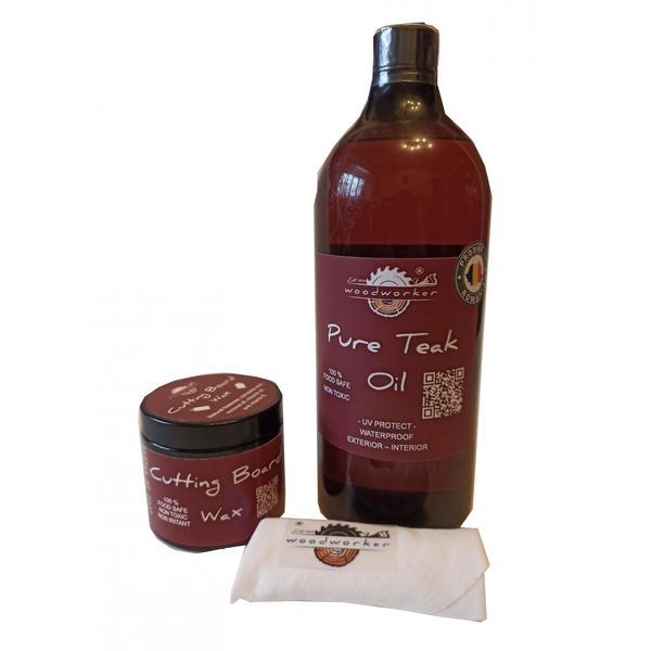 Set finisare-ceruire mobilier lemn masiv, Mix’N Match Pure Teak Oil, 1000 ml, Cutting Board Wax, 200 ml,  laveta bbc