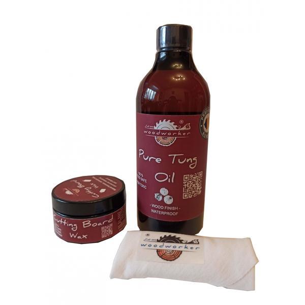 Set finisare-ceruire mobilier lemn masiv, Mix’N Match Pure Tung Oil, 500 ml, Cutting Board Wax, 100 ml,laveta bbc