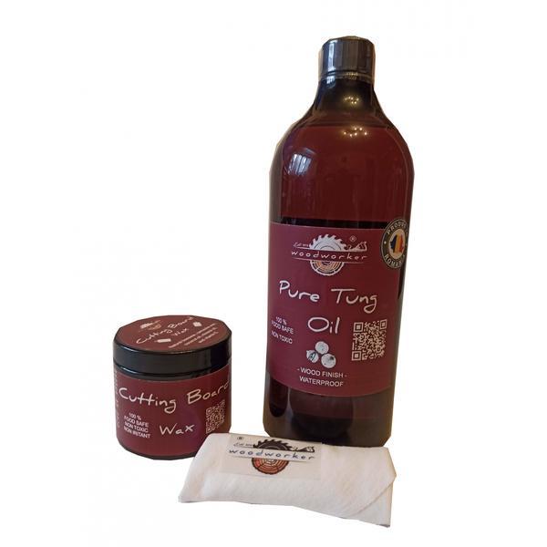 Set finisare-ceruire mobilier lemn masiv, Mix’N Match Pure Tung Oil, 1000 ml, Cutting Board Wax, 200 ml, laveta bbc