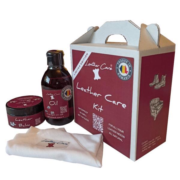 Set intretinere pielarie Leather Care Kit, Leather Care Oil 250ml, Leather Care Balm 100 ml, laveta, Leather Care