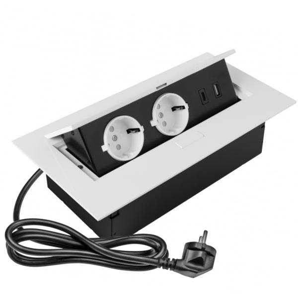 Priza incorporabila in blat, cu 2 prize Schuko si port incarcare USB A+C, finisaj alb