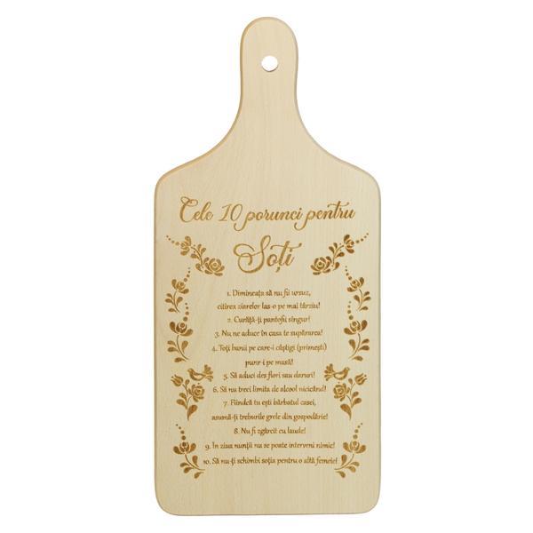 Tocator Cele 10 porunci pentru Soti. Dreptunghiular lemn cu maner 30 x 14 cm