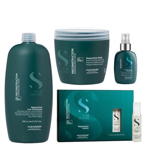 Pachet Reparator pentru Par Deteriorat - Alfaparf Milano Semi Di Lino Reconstruction Damaged Hair: Sampon 1000 ml, Masca 500 ml, Fluid Tratament 125 ml, Lotiune 6 x 13 ml