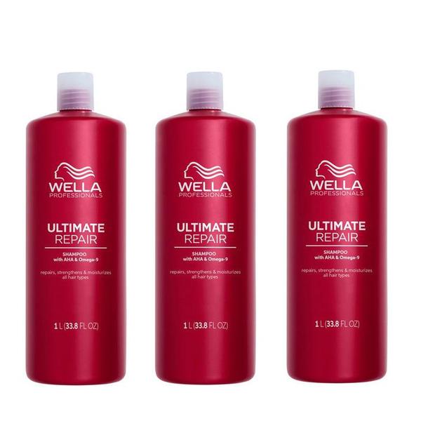 Pachet 3 x Sampon Reparator cu AHA & Omega 9 pentru Par Deteriorat Pasul 1 - Wella Professionals Ultimate Repair Shampoo, 1000 ml