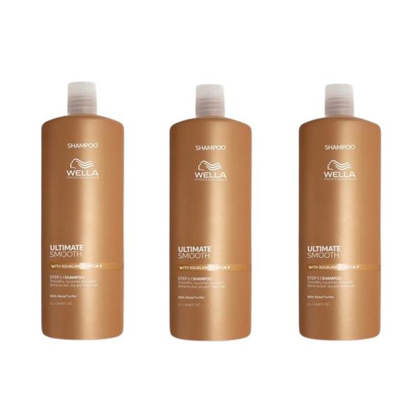 Pachet 3 x Sampon Hidratant pentru Par Uscat si Lipsit de Stralucire cu Squalan & Omega 9 - Wella Professionals Ultimate Smooth cu Efect Anti-electrizare, 1000 ml