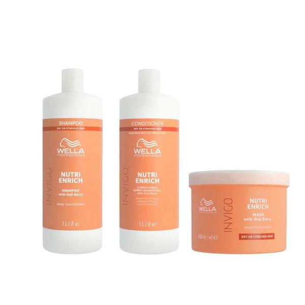 Pachet Intens Nutritiv pentru Par Uscat si Deteriorat - Wella Professionals Invigo Nutri-Enrich: Sampon 1000 ml, Balsam 1000 ml, Masca 500 ml