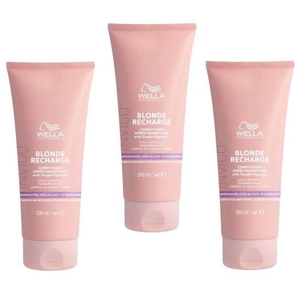 Pachet 3 x Balsam cu Pigment Violet pentru Neutralizarea Tonurilor de Galben - Wella Professionals Invigo Blonde Recharge, 200 ml