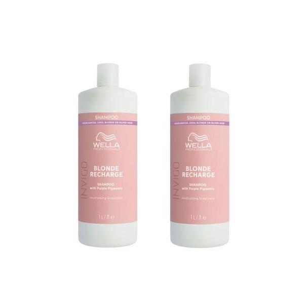 Pachet 2 x Sampon cu Pigment Violet pentru Neutralizarea Tonurilor de Galben - Wella Professionals Invigo Blonde Recharge, 1000 ml