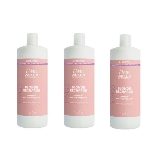 Pachet 3 x Sampon cu Pigment Violet pentru Neutralizarea Tonurilor de Galben - Wella Professionals Invigo Blonde Recharge, 1000 ml