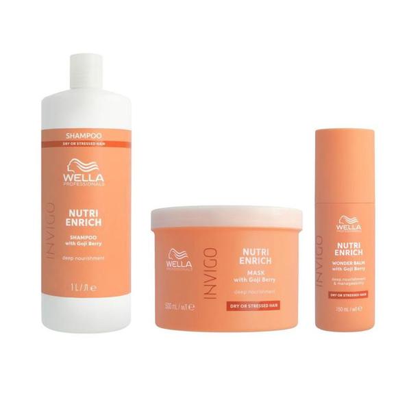 Pachet Intens Nutritiv pentru Par Uscat si Deteriorat - Wella Professionals Invigo Nutri-Enrich: Sampon 1000 ml, Masca 500 ml, Balsam Leave-In 150 ml