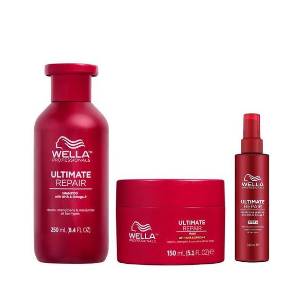 Pachet Reparator cu AHA & Omega 9 pentru Par Deteriorat: Wella Professionals Ultimate Repair: Sampon 250 ml,  Masca 150 ml,  Crema 140 ml