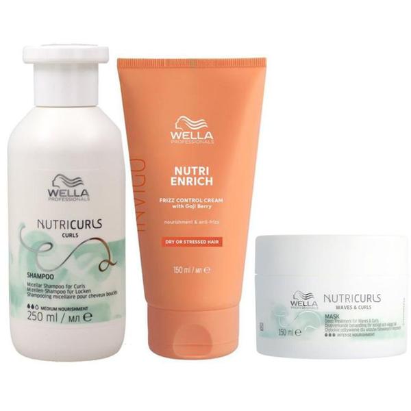 Pachet Tratament pentru Par Cret si Uscat - Wella Professionals Nutricurls & Invigo Nutri-Enrich: Sampon 250 ml, Masca 150 ml, Crema 150 ml