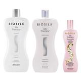 Pachet Nutritiv pentru Toate Tipurile de Par - Biosilk Farouk Silk Therapy: Sampon 1006 ml, Balsam 1006 ml, Tratament pentru Par 355 ml
