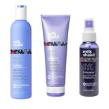 Pachet pentru Par Blond, Gri sau Alb - Milk Shake Silver Shine: Sampon, 300 ml + Balsam, 250 ml + Spray Nuantator pentru Neutralizarea Tonurilor de Galben, 100 ml