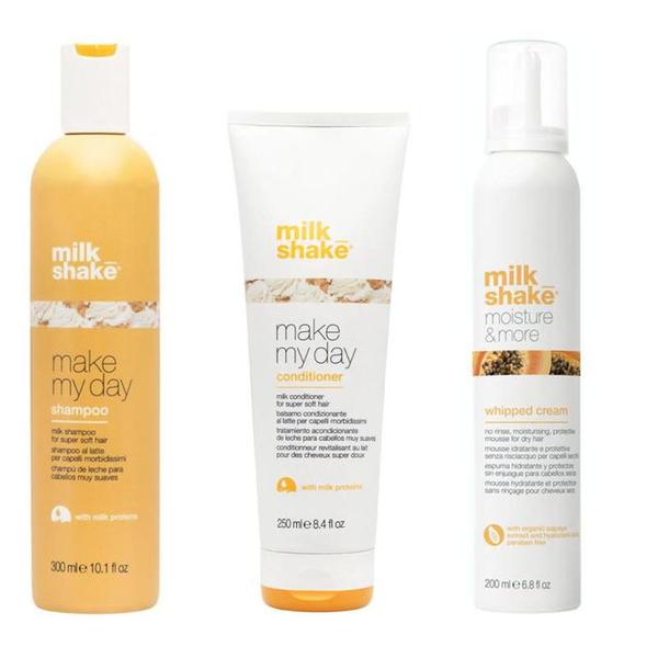 Pachet pentru Par Fin si Uscat- Milk Shake Make My Day & Moisture: Sampon, 300 ml + Balsam, 300 ml + Balsam, 250 ml, Spuma, 200 ml