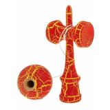 Jucărie interactivă Kendama din lemn, 18 cm, model roșu cu crăpături galbene – joc de îndemânare pentru copii și adulți