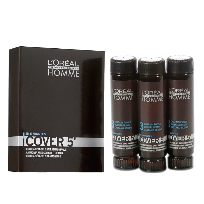 Gel Colorant pentru Barbati - Saten Inchis - L&#039;Oreal Professionnel Homme Cover 5&#039; Hair Color Gel, nuanta 3 Dark Brown, 3 x 50ml